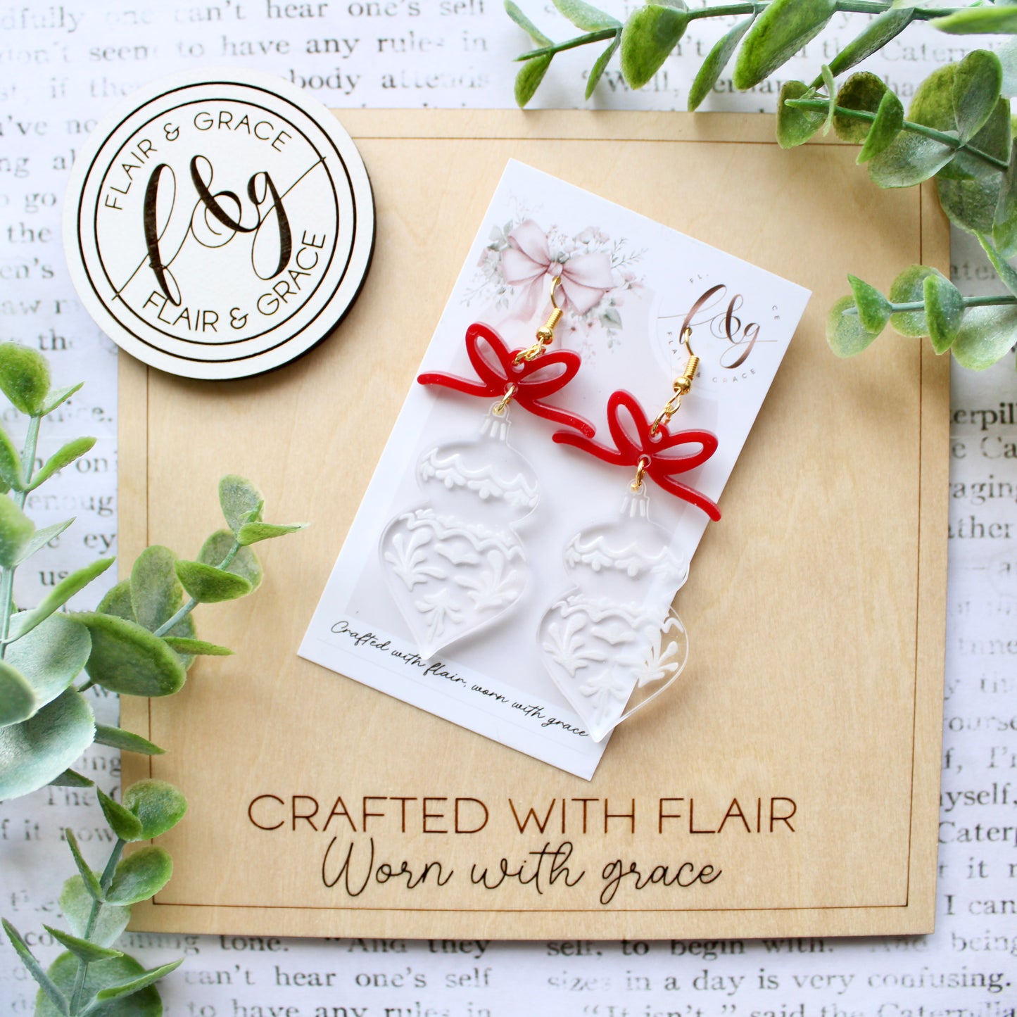 IN STOCK Christmas Earrings: Engraved clear acrylic bauble with red bow