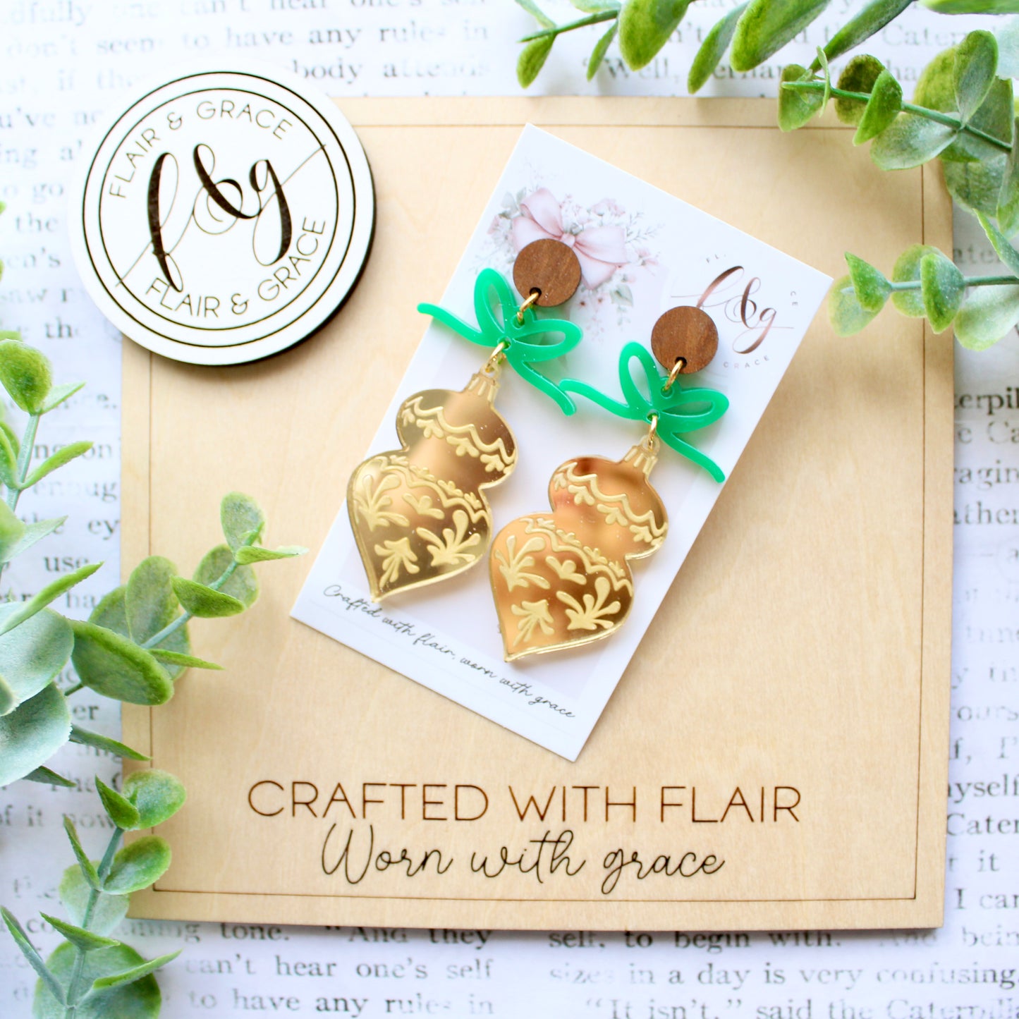 IN STOCK Christmas Earrings: Engraved gold acrylic bauble with green bow