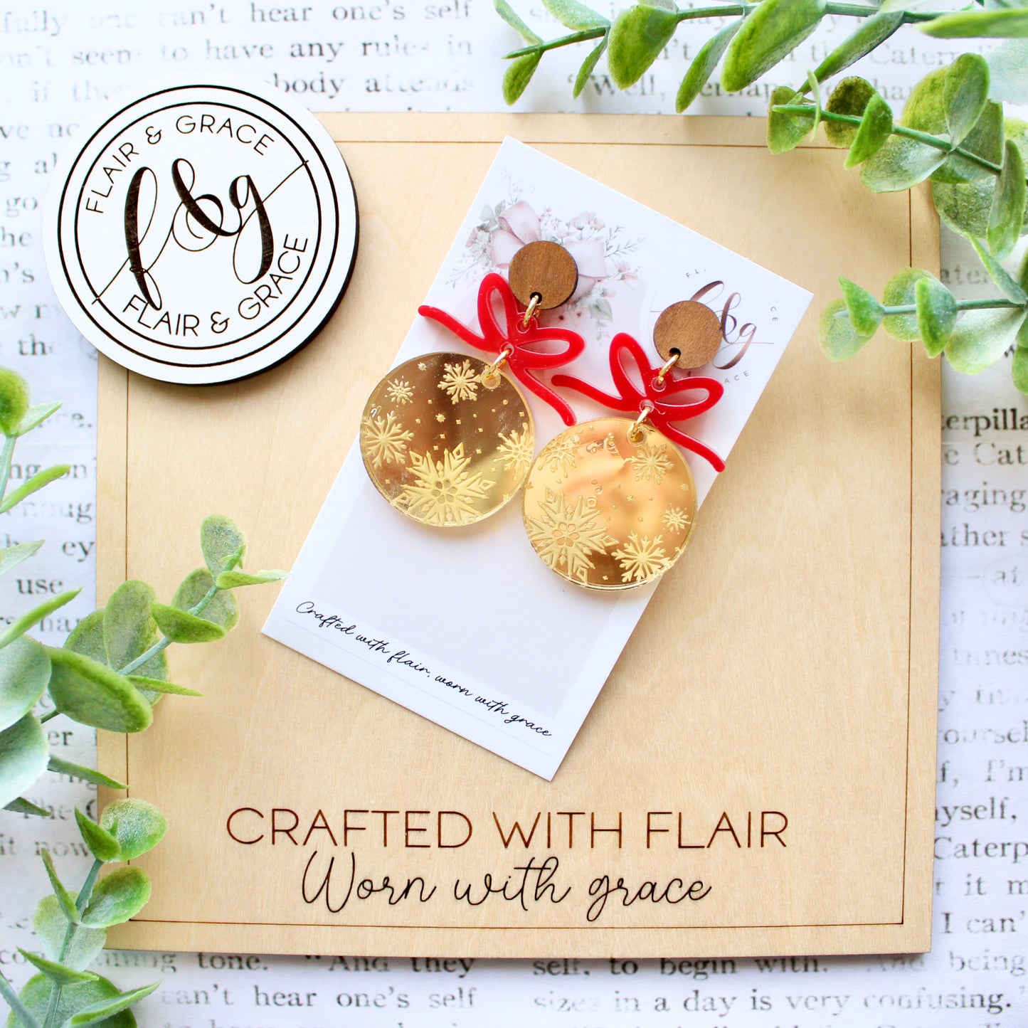 IN STOCK Christmas Earrings: Snowflake engraved gold acrylic circle with red bow