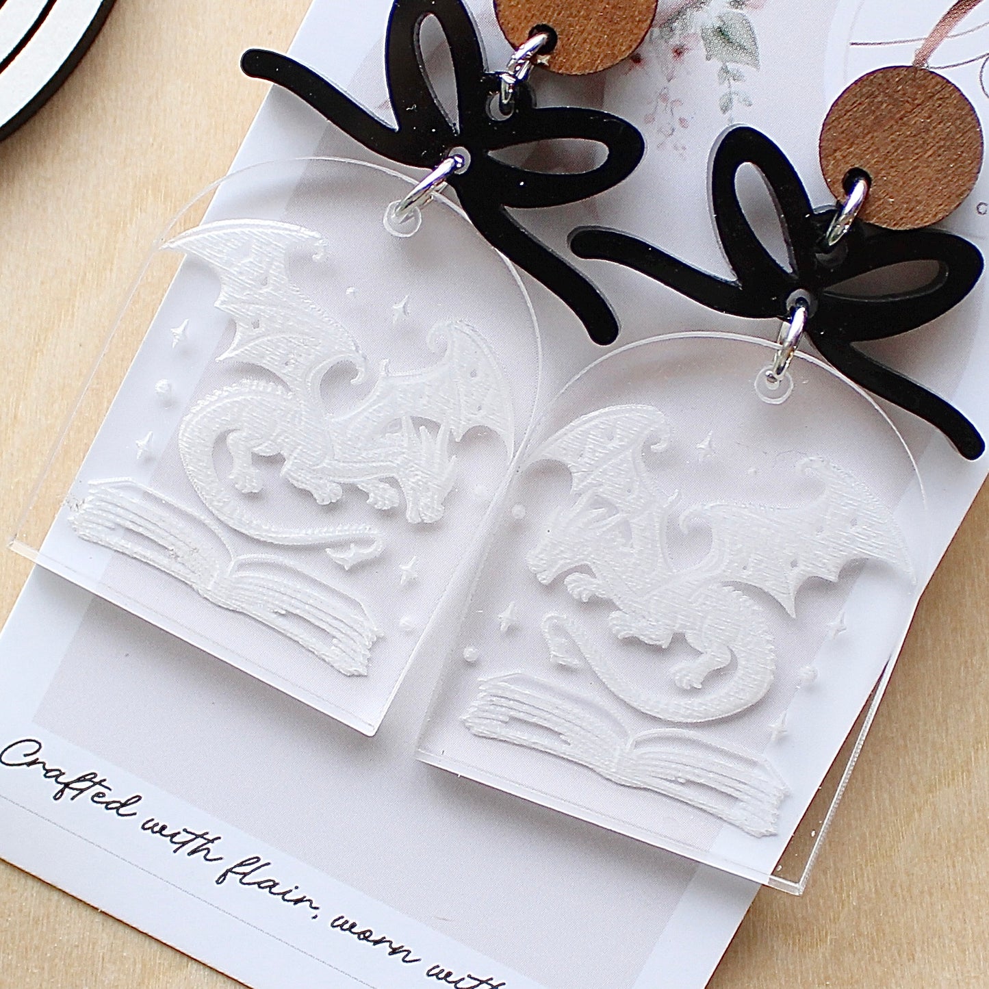 IN STOCK Bookish Earrings: Book stack with dragon and engraved on clear acrylic with bow