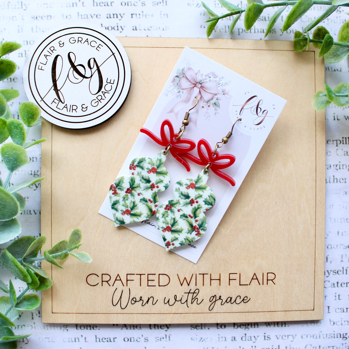 IN STOCK Christmas Earrings: Holly printed on bauble acrylic with bow