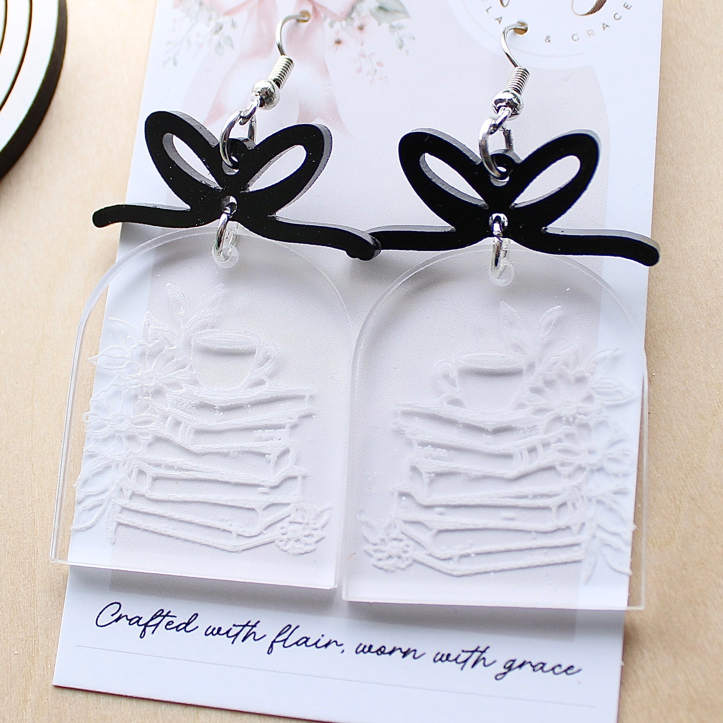 IN STOCK Bookish Earrings: Book stack engraved on clear acrylic with bow