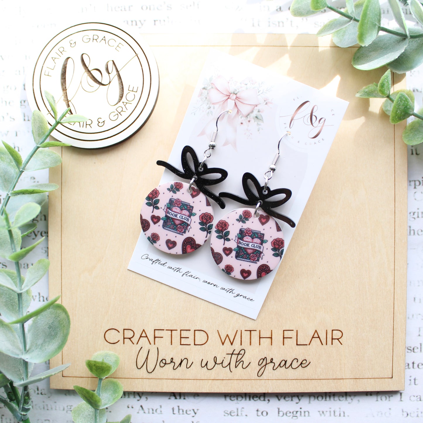 IN STOCK Bookish Earrings: Book Club printed on round acrylic with bow