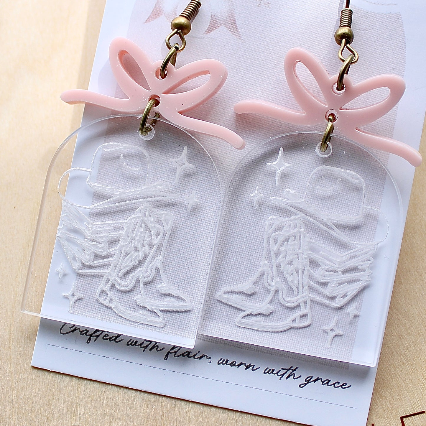 IN STOCK Bookish Earrings: Book stack with boots and hat engraved on clear acrylic
