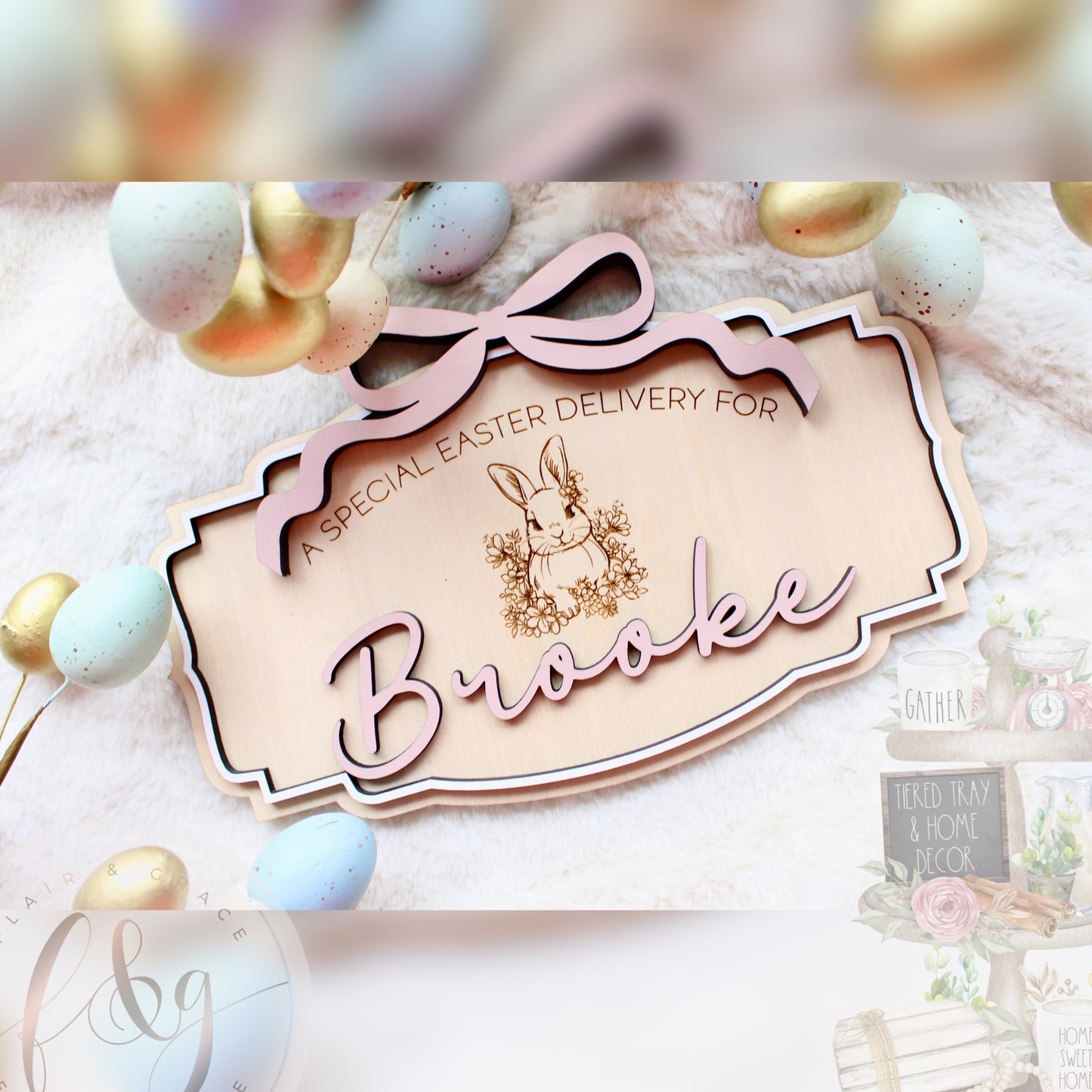 Personalised Easter box Plaque: Bow Bunny