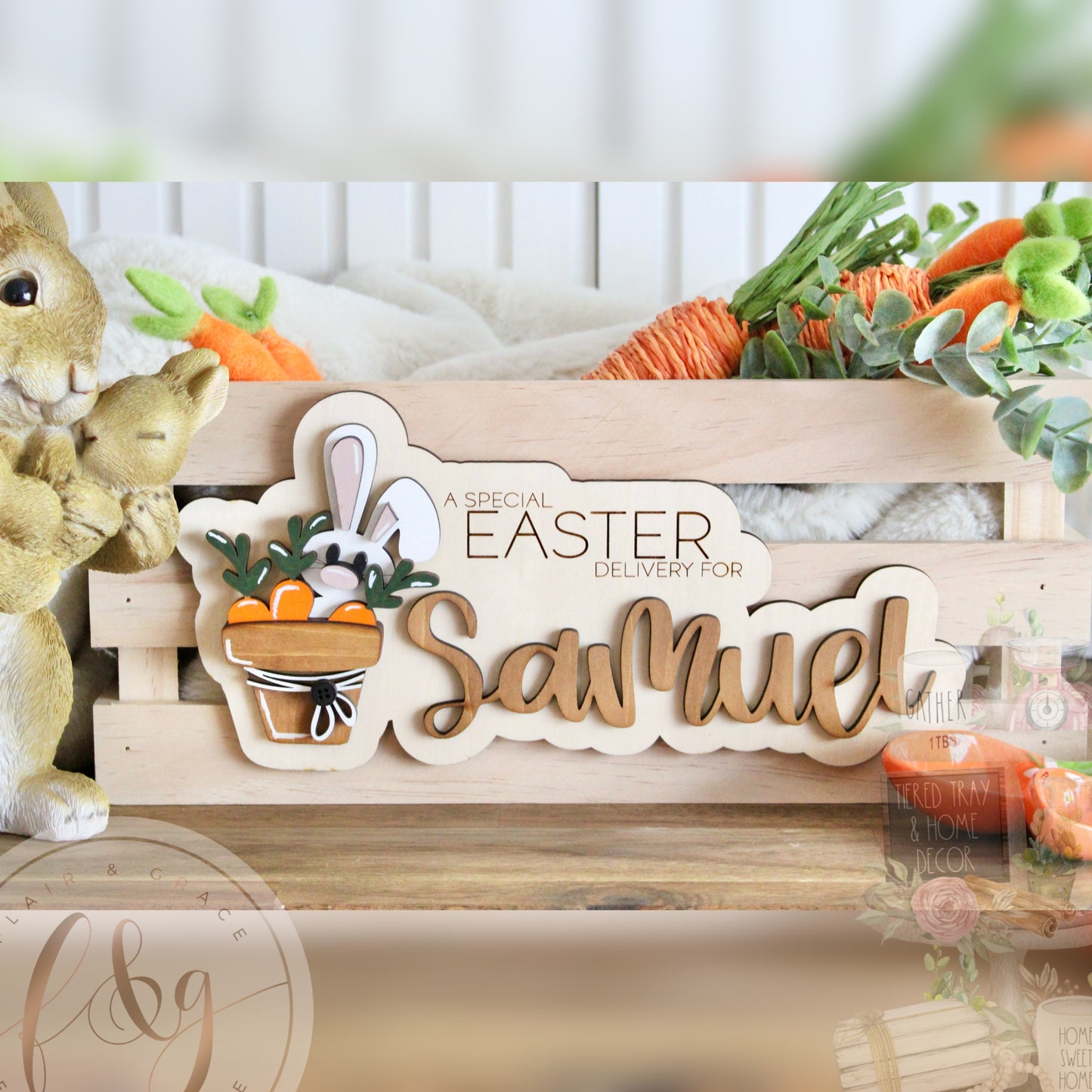 Personalised Easter box Plaque: Bunny in a Pot