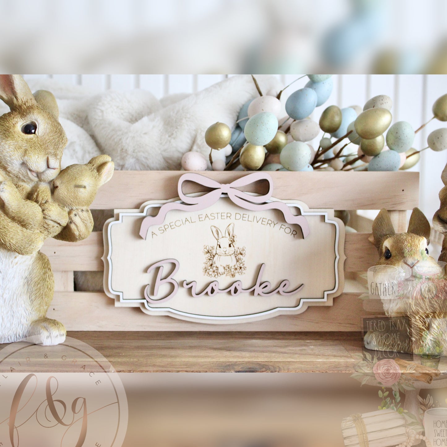 Personalised Easter box Plaque: Bow Bunny