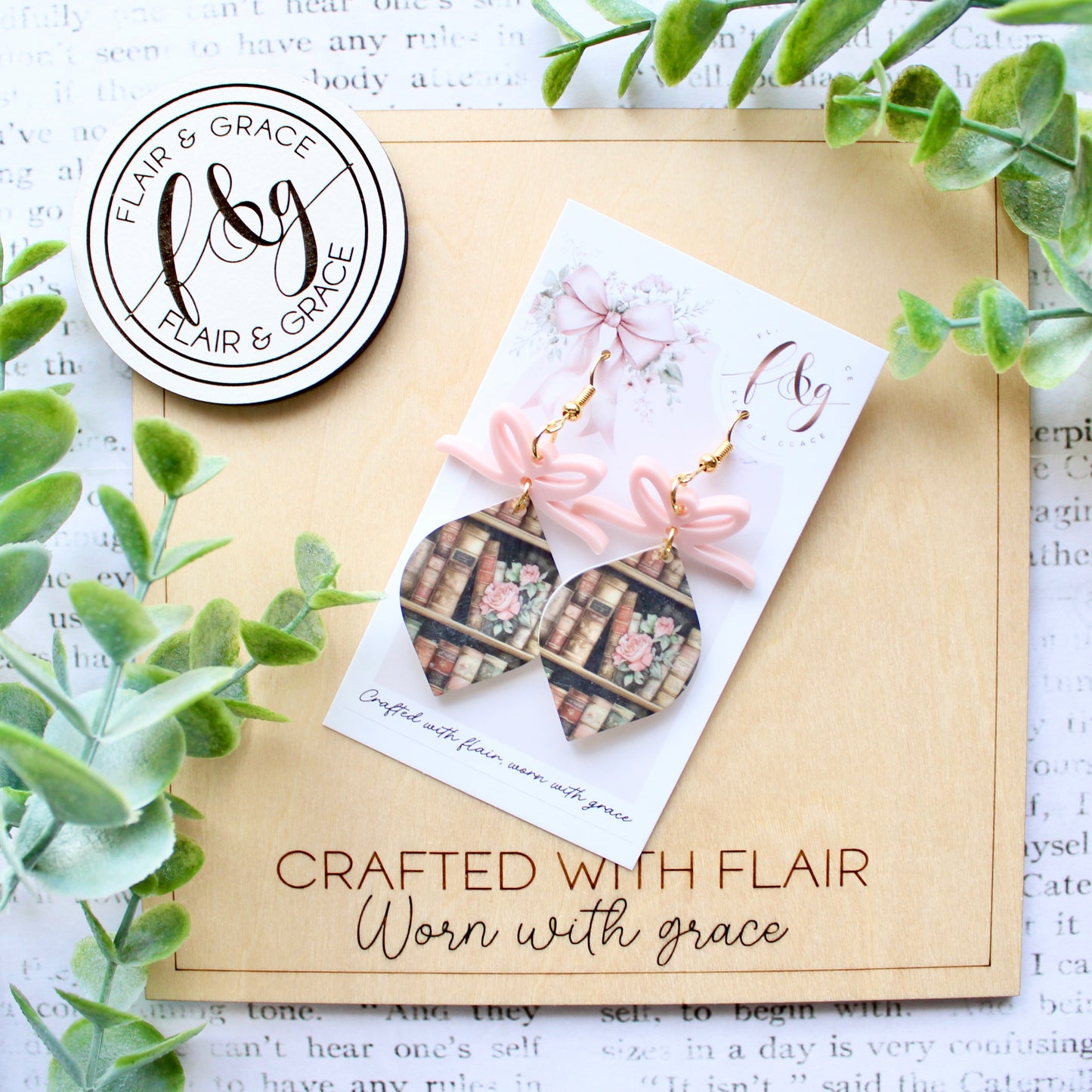 IN STOCK Bookish Earrings: Onion shape printed bookshelf on acrylic with bow