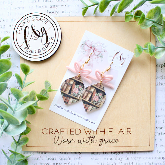 Bookish Earrings: Onion shape printed bookshelf on acrylic with bow