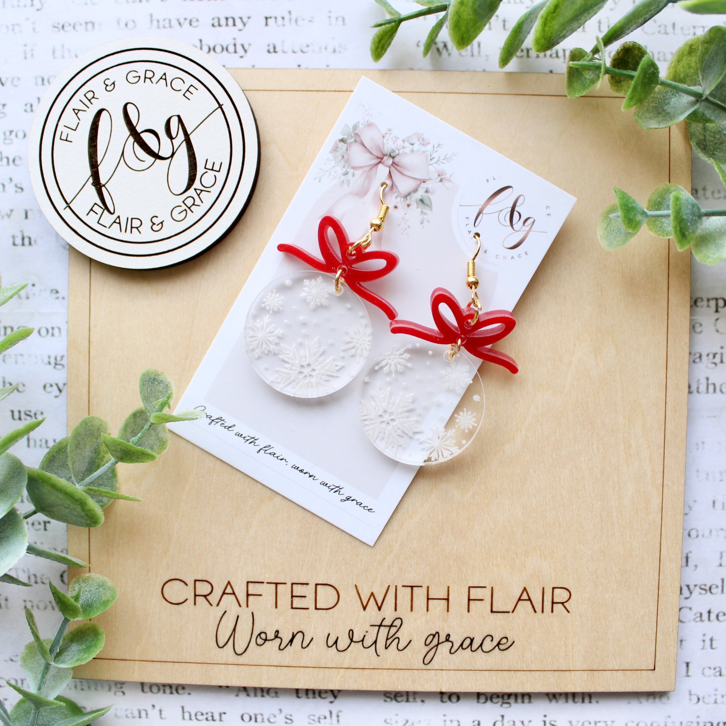 IN STOCK Christmas Earrings: Snowflake engraved acrylic circle with red bow