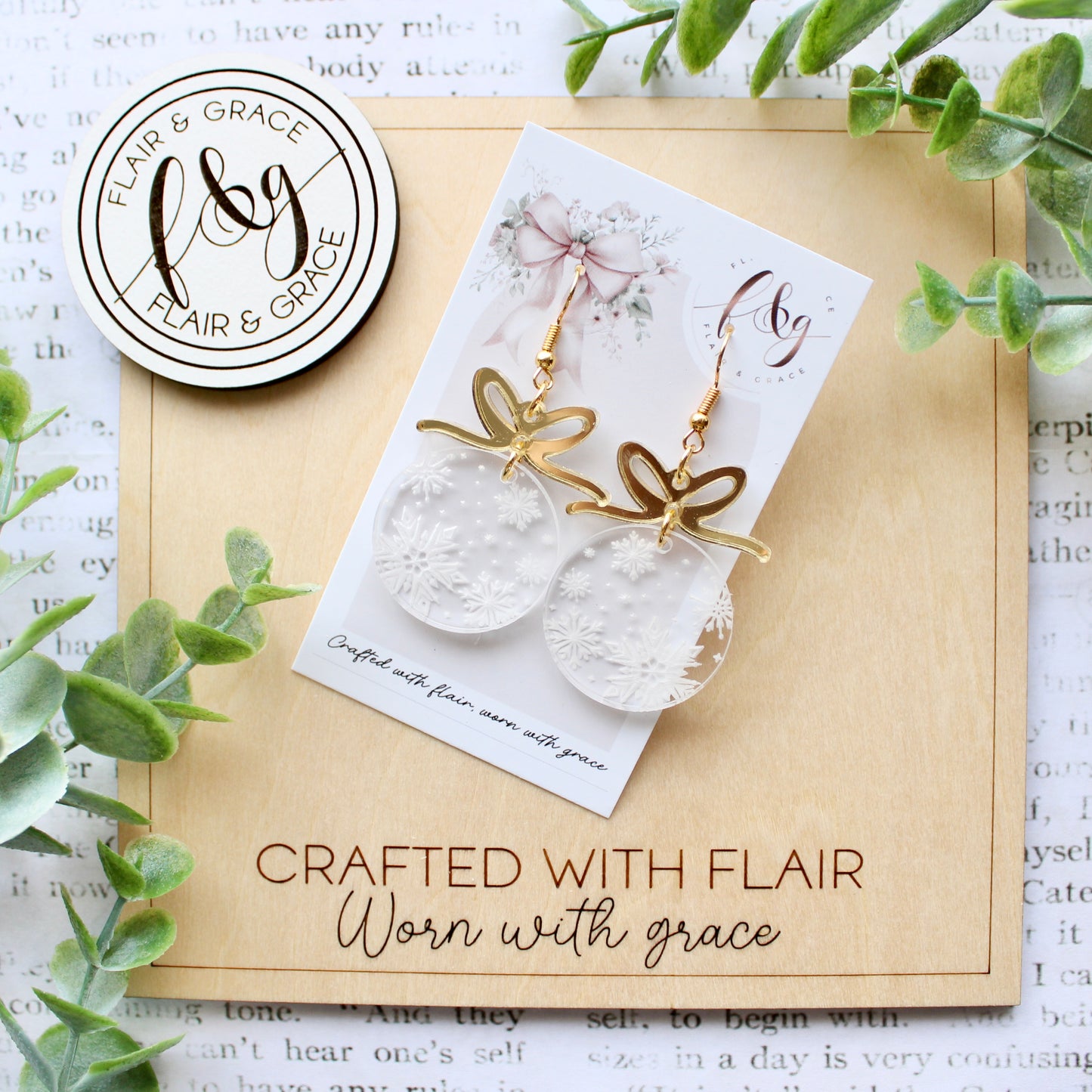 IN STOCK Christmas Earrings: Snowflake engraved acrylic circle with gold bow