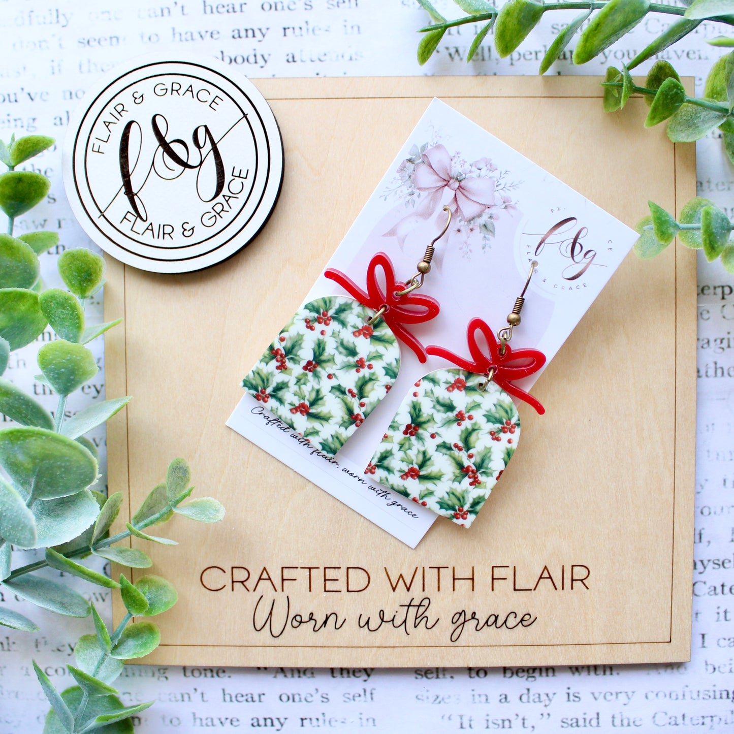 IN STOCK Christmas Earrings: Holly printed on arch acrylic with bow