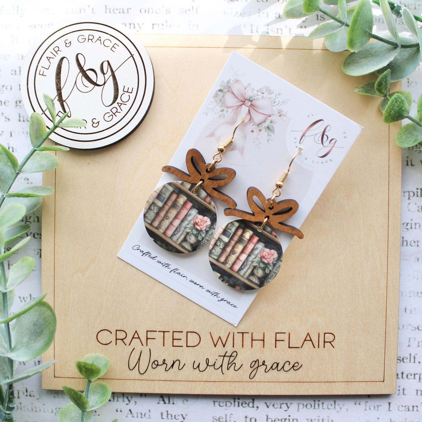 IN STOCK Bookish Earrings: Round shape printed bookshelf on acrylic with timber bow