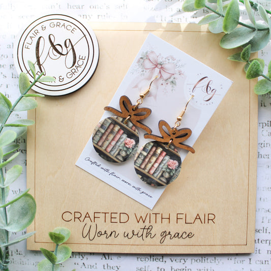 IN STOCK Bookish Earrings: Round shape printed bookshelf on acrylic with timber bow