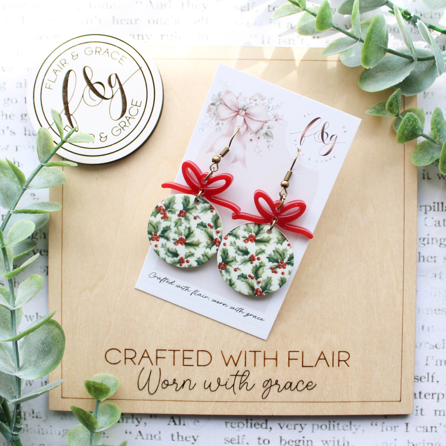 IN STOCK Christmas Earrings: Holly printed on round acrylic with bow