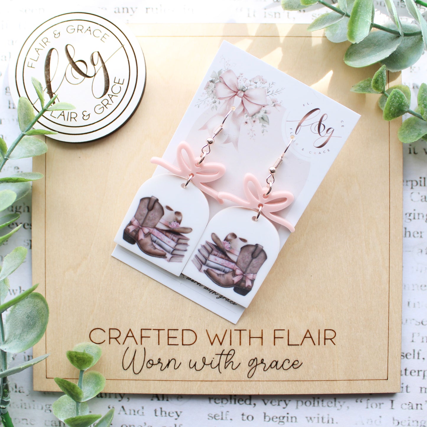 IN STOCK Bookish Earrings: Arch Cowboy Romance printed acrylic with bow