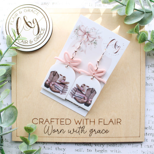 Bookish Earrings: Arch Cowboy Romance printed acrylic with bow