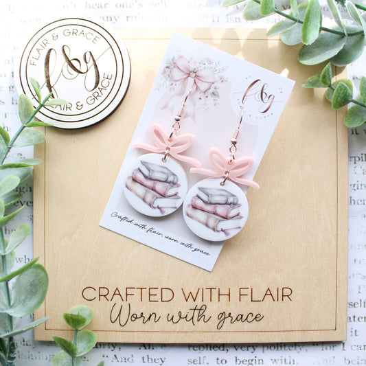 Bookish Earrings: Book Stack printed on acrylic with bow