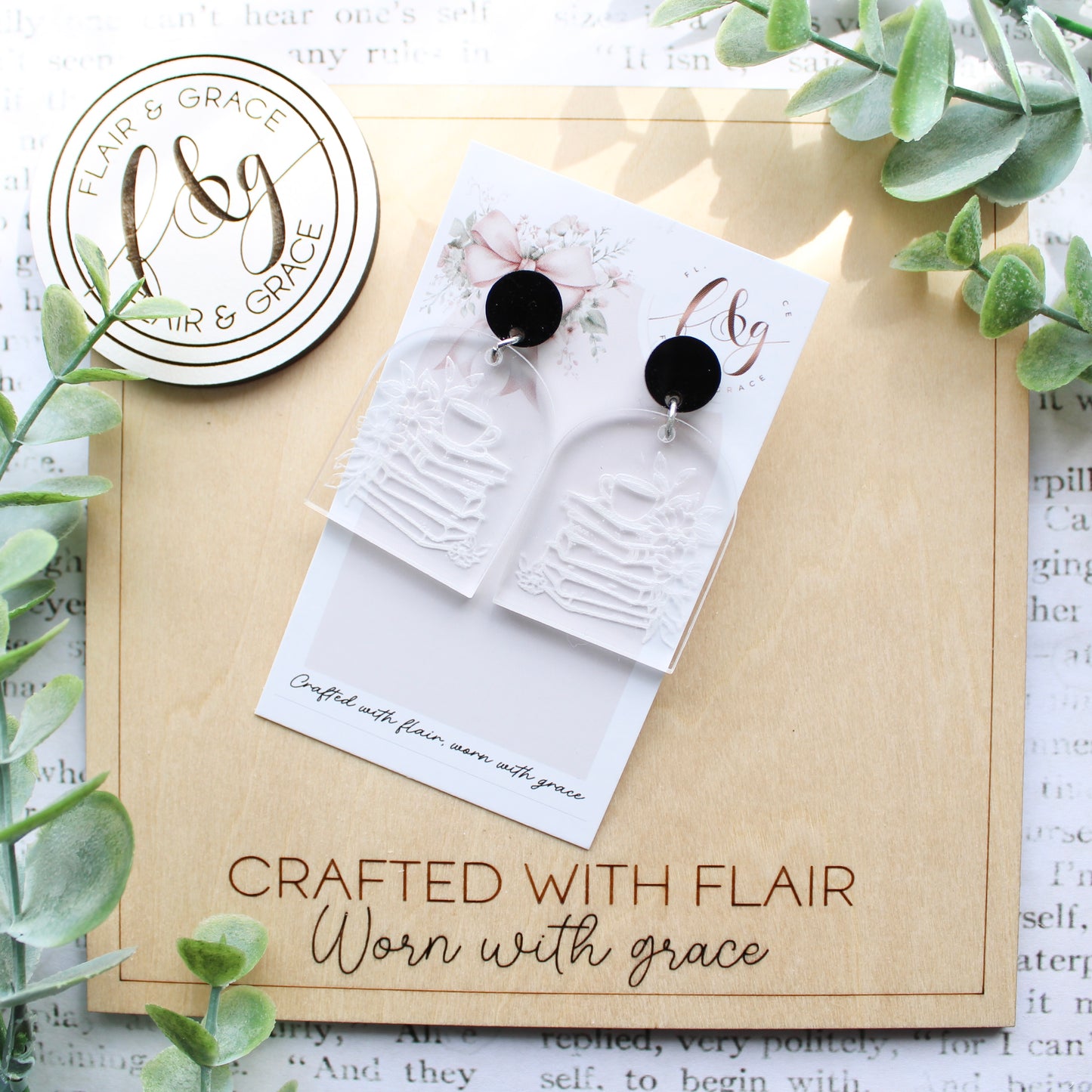 IN STOCK Bookish Earrings: Book stack engraved on clear acrylic