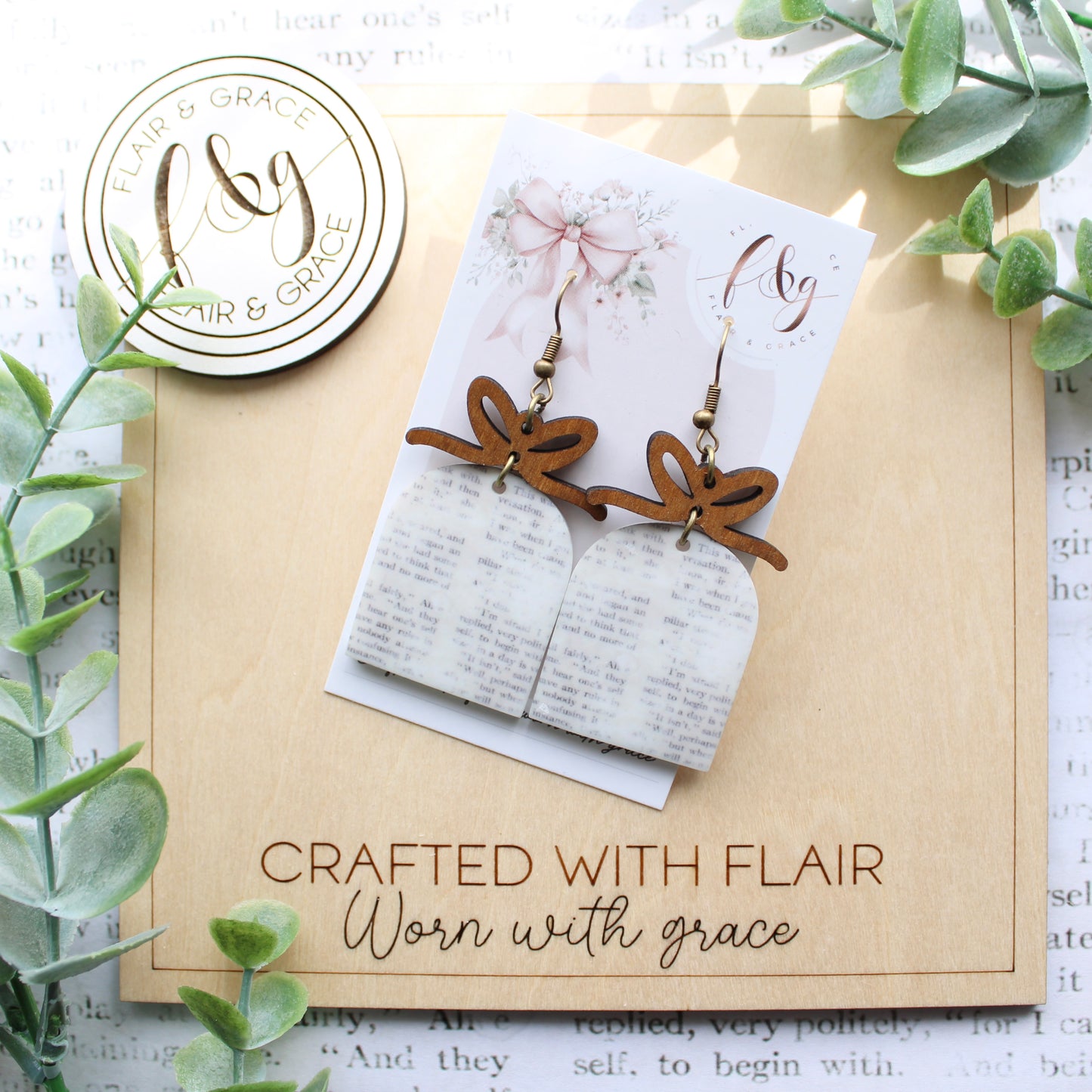 IN STOCK Bookish Earrings: Book pages printed on arch acrylic with bow