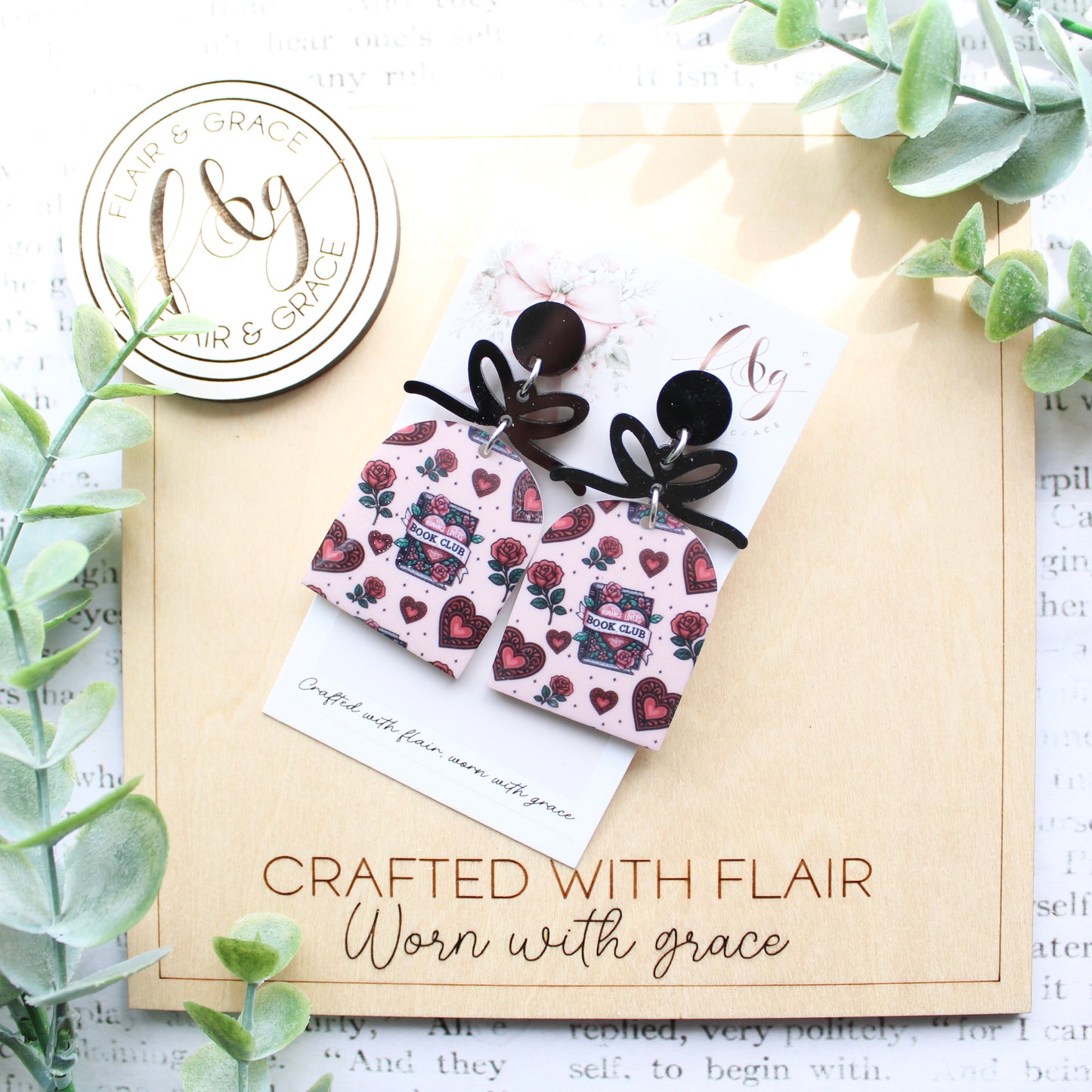 IN STOCK Bookish Earrings: Book Club printed on arch acrylic with bow