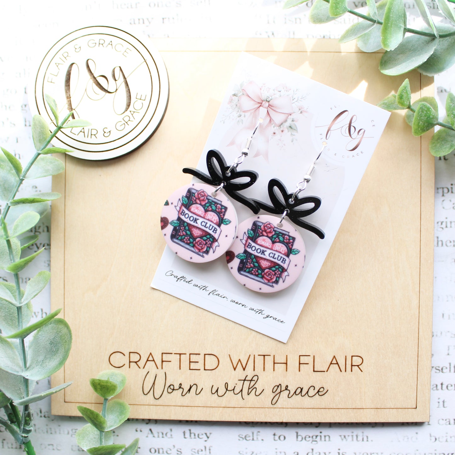 IN STOCK Bookish Earrings: Book Club printed on round acrylic with bow