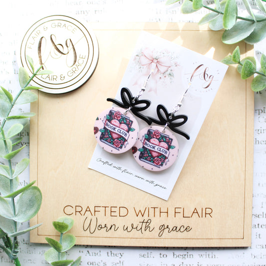 Bookish Earrings: Book Club printed on round acrylic with bow
