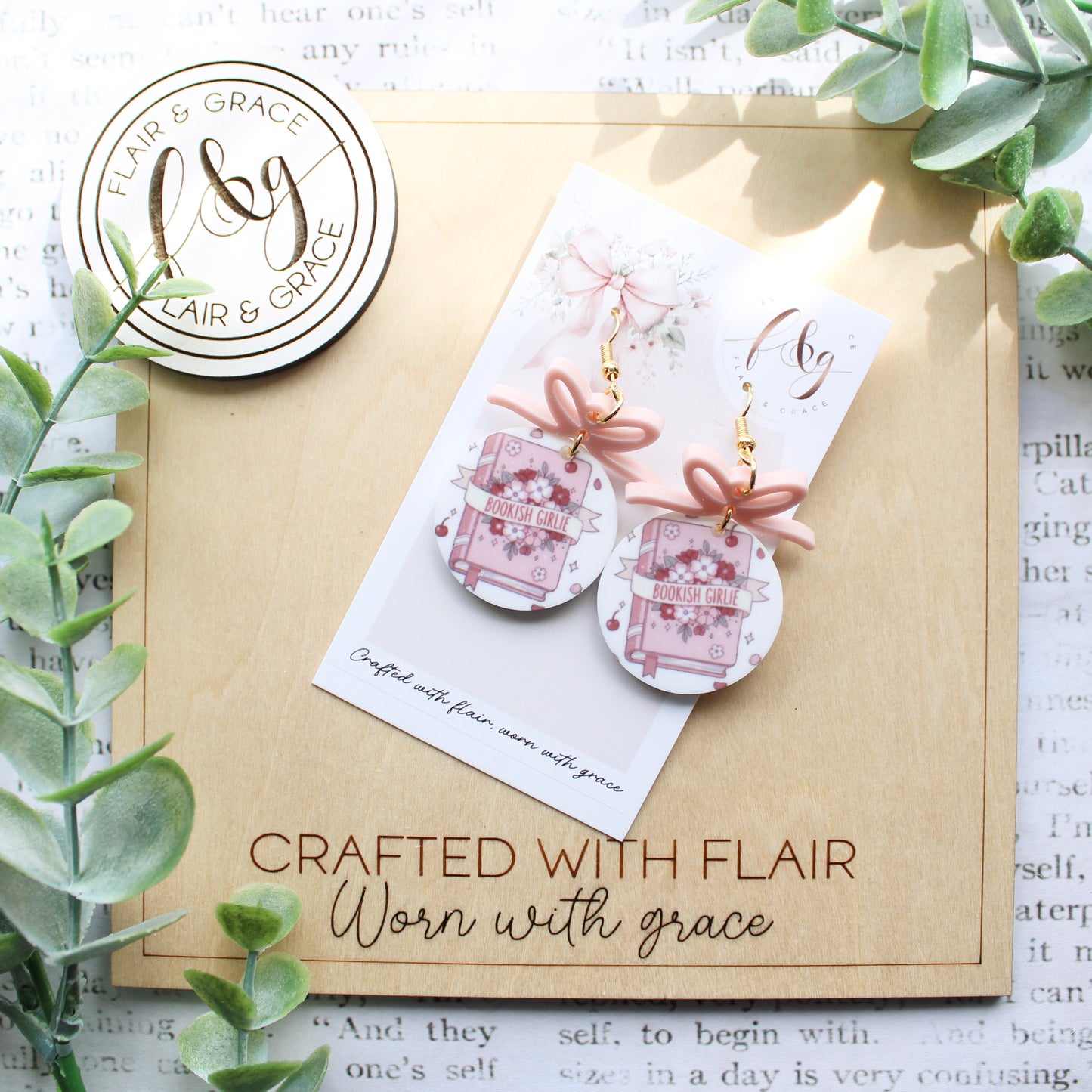 IN STOCK Bookish Earrings: Bookish Girlie printed on round acrylic with bow