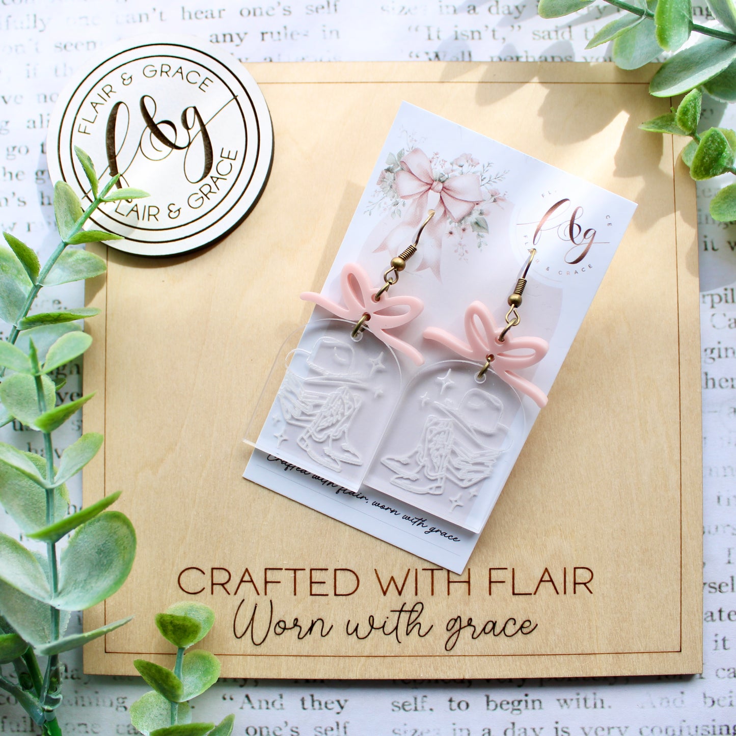 IN STOCK Bookish Earrings: Book stack with boots and hat engraved on clear acrylic